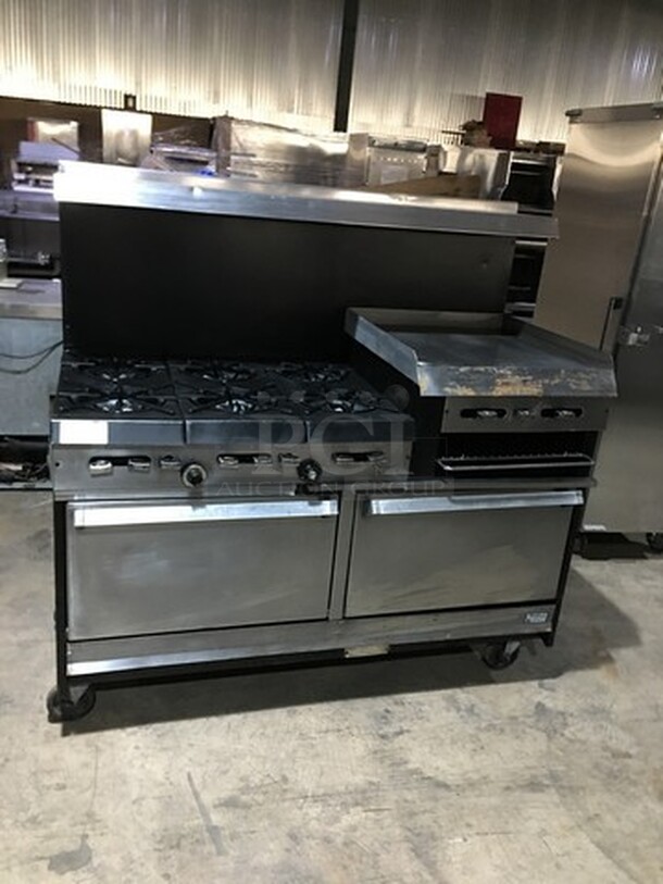 Garland Natural Gas Powered 6 Burner Stove With Raised Flat Top Grill Combo! With Cheese Melter! With Double Full Size Oven Underneath! With Raised Backsplash And Salamanader Shelf! On Commercial Casters! 