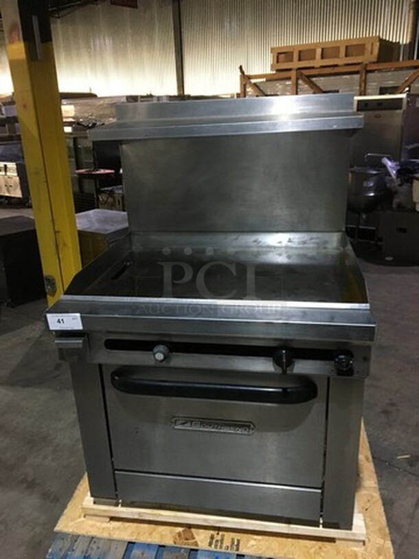 GREAT! Southbend Commercial Natural Gas Powered Flat Griddle/Plancha! With Backsplash & Overhead Salamander Shelf! With Full Size Oven Underneath! Model X436D3T Serial 07B38192! All Stainless Steel! On Casters!