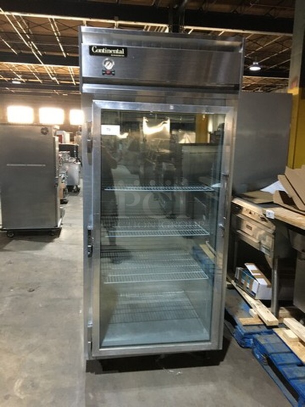 Continental Commercial Single Door Reach In Cooler Merchandiser! With Poly Coated Racks! All Stainless Steel! Model 1RXGD Serial 15425541! 115V 1Phase! On Casters!