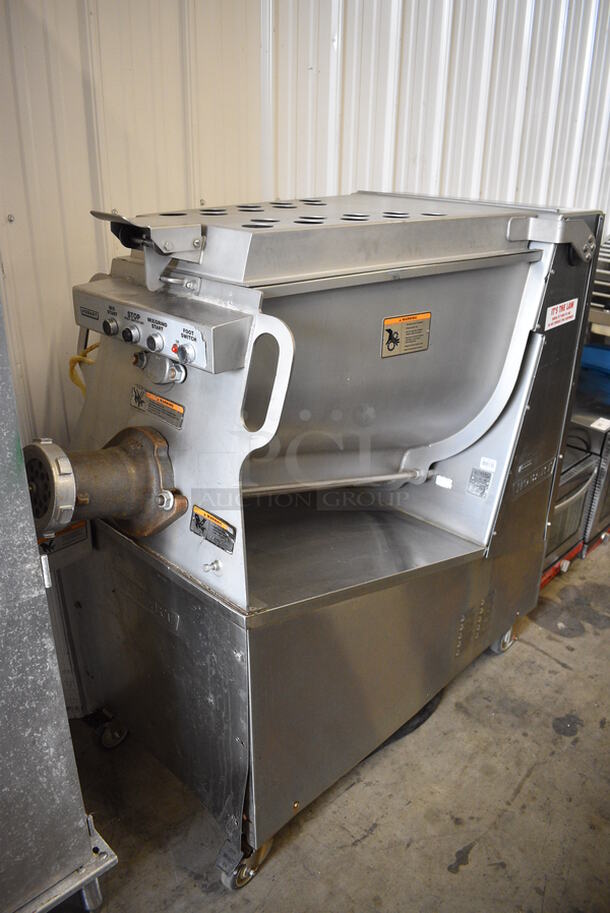 BEAUTIFUL! Hobart Model MG1532 Stainless Steel Commercial Floor Style Meat Mixer Grinder on Commercial Casters. 208 Volts, 3 Phase. 53x27x49
