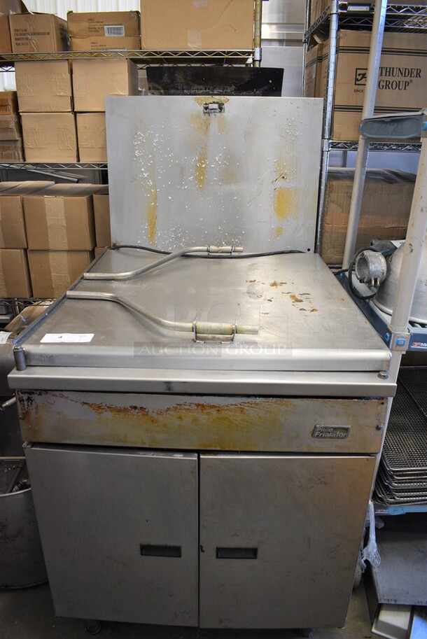 AWESOME! Pitco Frialator Model 24P-E Stainless Steel Commercial Floor Style Natural Gas Powered Deep Fat Donut Fryer w/ Lid. 120,000 BTU. 30x43x60