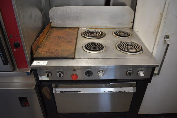 NICE! Metal Commercial Electric Powered 4 Burner Range w/ Left Side Flat Top Griddle and Lower Oven. 36x30x50