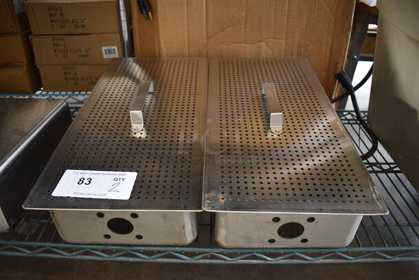 2 Stainless Steel Bins w/ Perforated Covers. 9x19x6. 2 Times Your Bid!