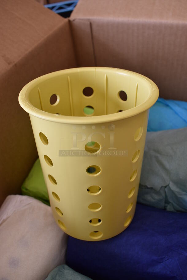 7 BRAND NEW IN BOX! Steril-Sil Yellow Poly Silverware Cylinders. 4.25x4.25x5.5. 7 Times Your Bid!