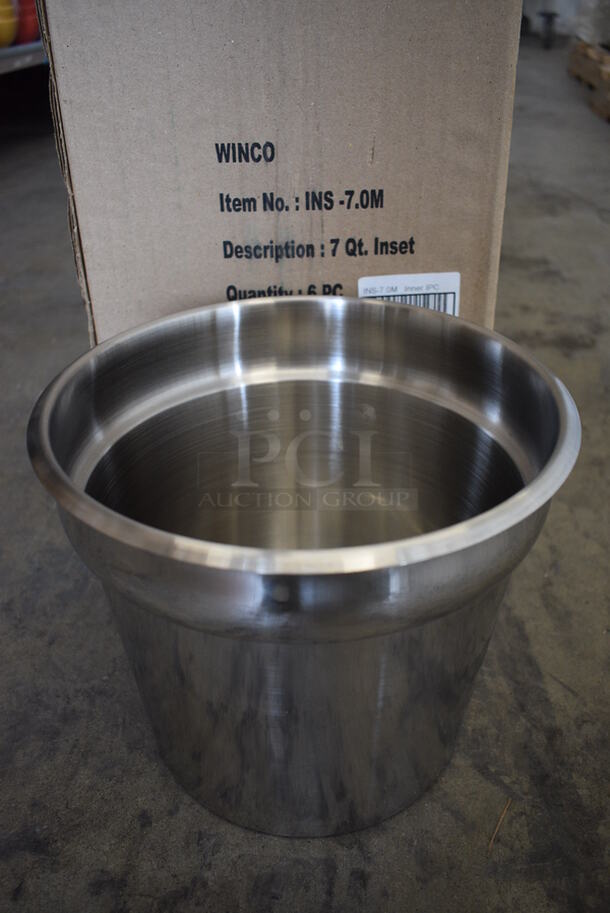 6 BRAND NEW IN BOX! Winco Stainless Steel Commercial Cylindrical Drop In Bins. 7.5x7.5x8. 6 Times Your Bid!