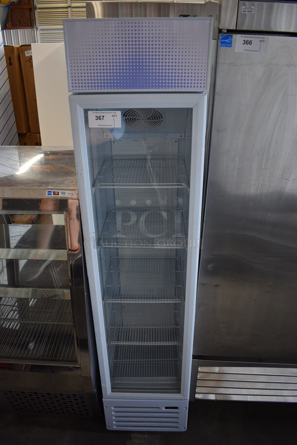 Metal Commercial Single Door Reach In Cooler Merchandiser w/ Poly Coated Racks. 17x17x74. Tested and Powers On But Temps at 50 Degrees