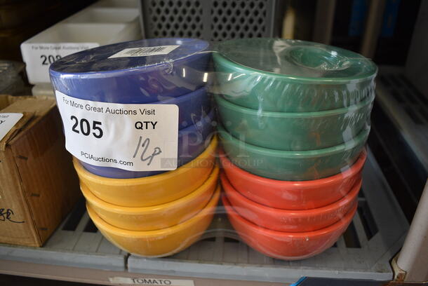 12 BRAND NEW! Poly Bowls; Purple, Yellow, Green and Orange. 5x5x2. 12 Times Your Bid!