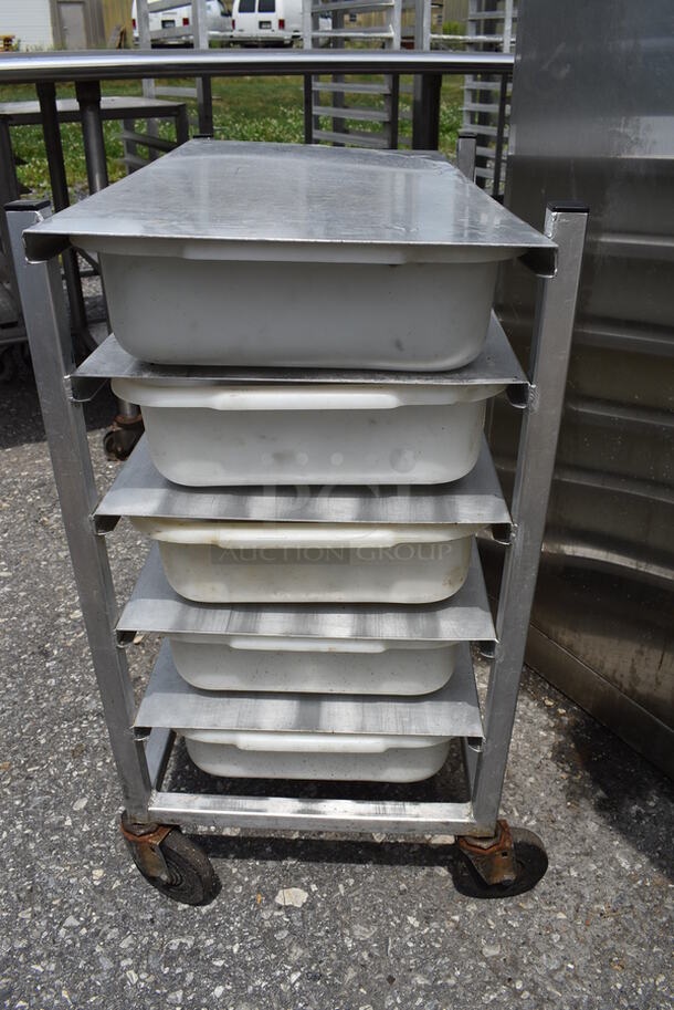 Metal Cart w/ 5 White Bins on Commercial Casters. 16x28x30