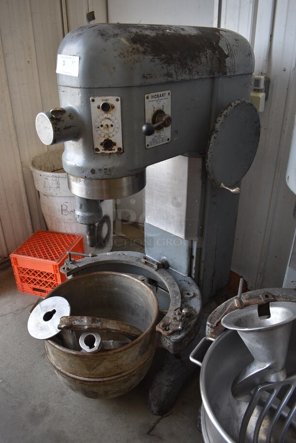 BEAUTIFUL! Hobart Model L800 Metal Commercial Floor Style 80 Quart Planetary Mixer w/ Bowl Adapter, Metal Mixing Bowl, Bowl Dolly, Paddle and Dough Hook Attachments. 220 Volts, 3 Phase. 28x44x58