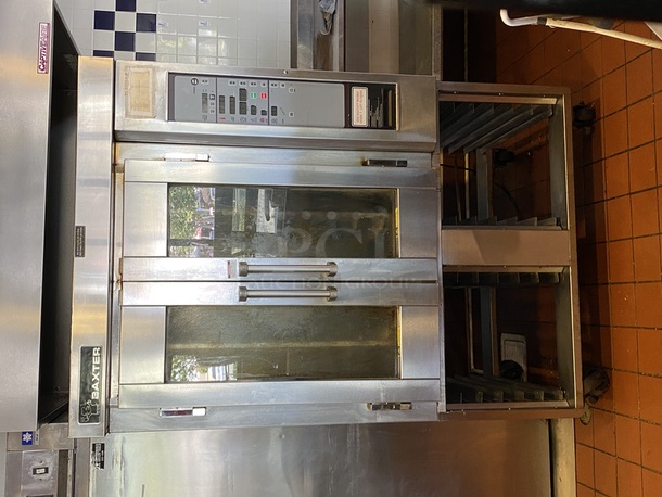 AMAZING FIND! Baxter Manufacturing Model No. OV300G - Mini Rotating Rack Oven.
38″D x 48″W x 76″H 
Gas, quick set digital controls, door activated stop in load-unload position, self-contained steam system, s/s doors w/full-length windows, s/s exterior & interior, 95,000 BTU
(1) RCK8EL Rack Loading - End load 8-pan
(1) 12PAN Oven Stand w/pan slides for (12) 18