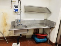 TRIFECTA! 6ft Stainless Steel Right Side Soil Table, Sink with Pre-Rinse Unit and 48" Stainless Steel Angled Wall Mounted Drying Shelf. Right Side Soil Table: 72x30x42-1/2 Wall Mounted Shelf: 48x18x12    This Item is located on-site in Modesto, California. Shipping and/or Pick-Up are available. Pick Up Date will be the weekend of 28-AUG-2020. Winning Bidder must contact PCI Auctions Southwest by 26-AUG-2020.    3x Your Bid