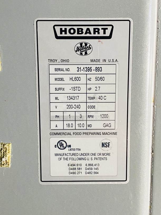 BEAUTIFUL! Hobart HL600 Legacy 60 Quart Mixer with power bowl assist. 200-240V 50/60Hz 18.0 (1 Phase) Amps 10.0 (3 Phase) Amps. FEATURES: ■ Heavy-Duty 2.7 H.P. Motor ■ Gear Transmission ■ Four Fixed Speeds Plus Stir Speed ■ Shift-on-the-FlyTM Controls ■ Patented soft start Agitation Technology ■ 20-Minute SmartTimerTM ■ Automatic Time Recall ■ Large, Easy-To-Reach Controls ■ Single Point Bowl Installation ■ Power Bowl Lift ■ #12 Taper Attachment Hub ■ Open Base ■ Stainless Steel Bowl Guard ■ Metallic Gray Hybrid Powder Coat Finish  **Bowl, Bowl Truck and, Hook Are Not Included - Featured in separate lots** - Image 5 of 9