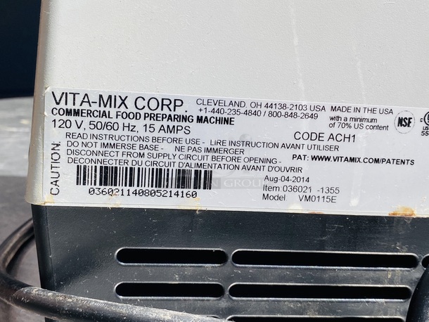 MUST HAVE! Vita-Mix VM0115E Commercial Food Preparing Machine. Normal Usage in Perfect Working Order. 120V, 50/60 Hz, 15 AMPS.

8-1/2"x11"x18" - Image 5 of 7