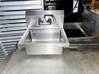 DEAL! Production Line Hand Sink, wall mount, Custom Model No. PL-SHS-1 10" front-to-back x 14" wide x 6" deep, 304 s/s, 8" backsplash with gooseneck faucet, non-drop edges on 3 sides.

Overall Dimensions: 17x15x14
