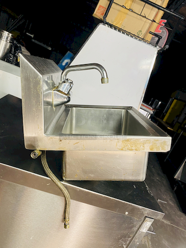 DEAL! Production Line Hand Sink, wall mount, Custom Model No. PL-SHS-1 10" front-to-back x 14" wide x 6" deep, 304 s/s, 8" backsplash with gooseneck faucet, non-drop edges on 3 sides.

Overall Dimensions: 17x15x14 - Image 4 of 6