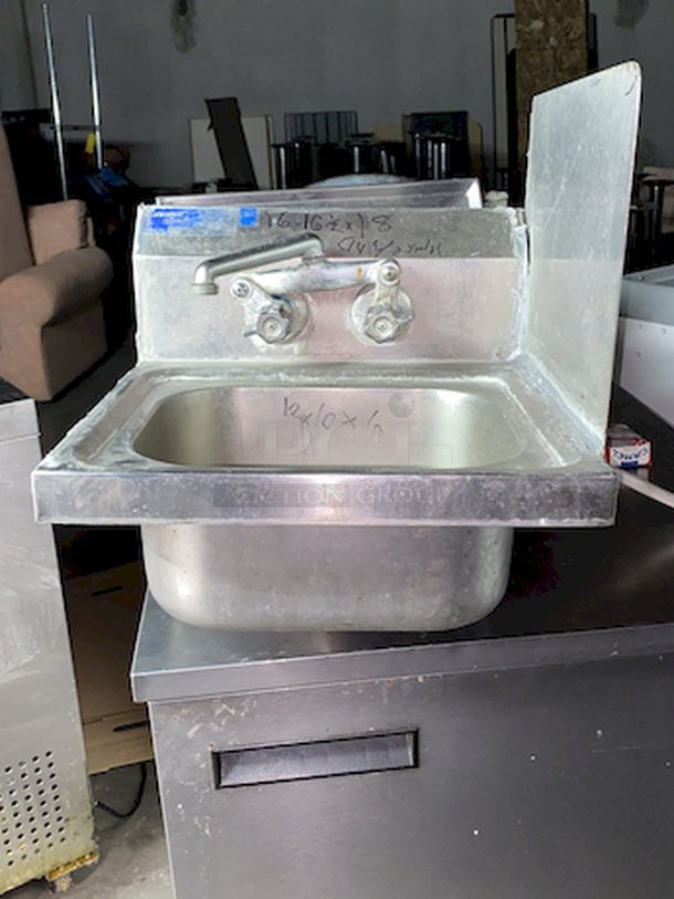 SWEET! Production Line Hand Sink With Right Side Splash Guard, Custom Model No. PL-SHS-1, wall mount, 10" front-to-back x 14" wide x 6" deep, 304 s/s, 8" backsplash with gooseneck faucet, non-drop edges on 3 sides.

Overall Dimensions: 16x16-1/2x18 - Image 3 of 4