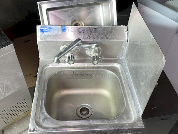 SWEET! Production Line Hand Sink With Right Side Splash Guard, Custom Model No. PL-SHS-1, wall mount, 10" front-to-back x 14" wide x 6" deep, 304 s/s, 8" backsplash with gooseneck faucet, non-drop edges on 3 sides.

Overall Dimensions: 16x16-1/2x18 - Image 4 of 4