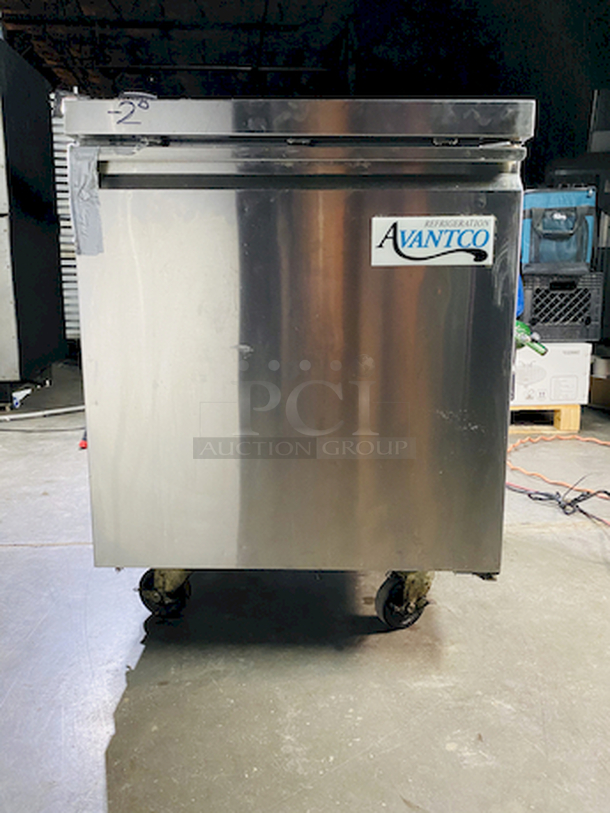 RAPID COOLING! Avantco SS-UC-27F-HC 27" Undercounter Freezer on Commercial Casters. Tested, RAPIDLY gets down to and holds temperature.  115V, 60Hz, 2.1Amp Width: 27 Inches Depth: 29 1/2 Inches Height: 35 1/4 Inches Capacity: 5.5 cu. ft. - Image 1 of 8