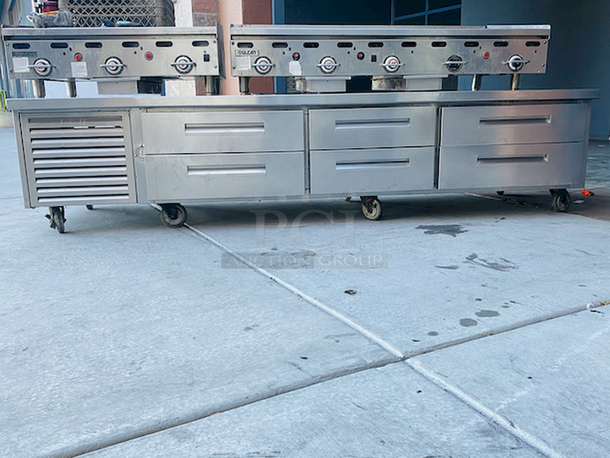 AMAZING! 6 Drawer Refrigerated Chef Base! Observed in perfect working order. 115v. On Commercial Casters. Width: 96