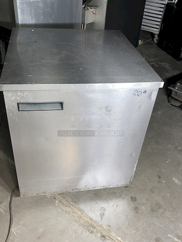 DON'T MISS OUT! Delfield Model No. 406 27" Undercounter Refrigerator, single-section on Commercial Casters.  Tested. Turns On. Quickly Gets Down To and Holds Temperature. 115v/60/1-ph, NEMA 5-15P std. 27"W, 5.7 cu. ft, (1) right han hinged door, stainless steel top, front & sides, ABS interior, 6" legs, rear-mounted refrigeration system, 1/5 hp, 2" NSF certified casters (set of four 2/locking) for undercounter applications - Image 6 of 8