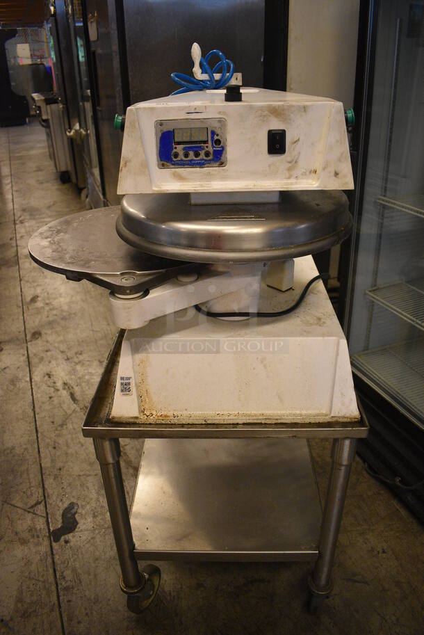 AMAZING! Doughpro Model DP1300 Metal Commercial Countertop Dough Press on Stainless Steel Equipment Stand w/ Commercial Casters. 120 Volts, 1 Phase. 19x23x26, 21x25x27. Tested and Working!