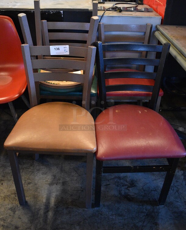 5 Various Metal Dining Chairs; 1 Black Metal w/ Red Cushion Seat, 4 Brown Metal w/ Red, Tan and 2 Green Cushion Seats. 17x16x32. 5 Times Your Bid!
