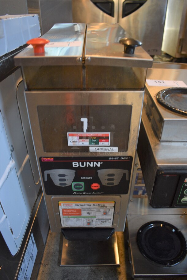 NICE! 2007 Bunn Model G9-2T DBC Metal Commercial Countertop 2 Hopper Coffee Bean Grinder. 120 Volts, 1 Phase. 8.5x8x27. Tested and Working!