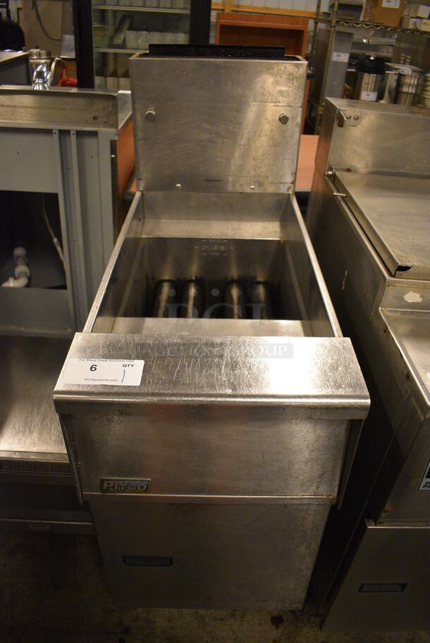 NICE! Pitco Frialator Model SG14P Stainless Steel Commercial Floor Style Natural Gas Powered Deep Fat Fryer on Commercial Casters. 122,000 BTU. 15.5x34x47