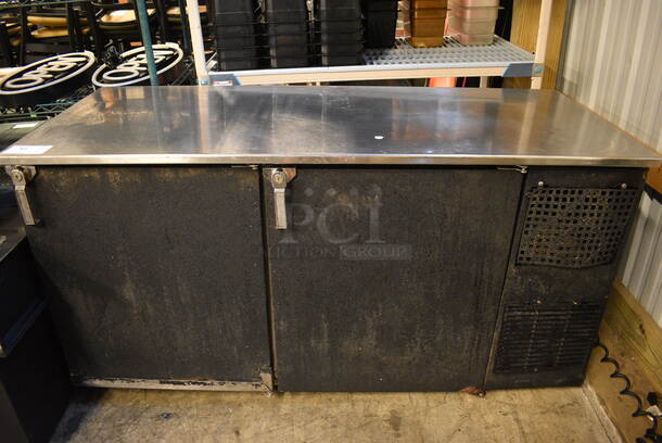 NICE! Glastender Model LP60-R1-BS(RR) Stainless Steel Commercial 2 Door Undercounter Cooler on Commercial Casters. 115 Volts, 1 Phase. 60x25x32. Tested and Powers On But Does Not Get Cold - Image 1 of 6