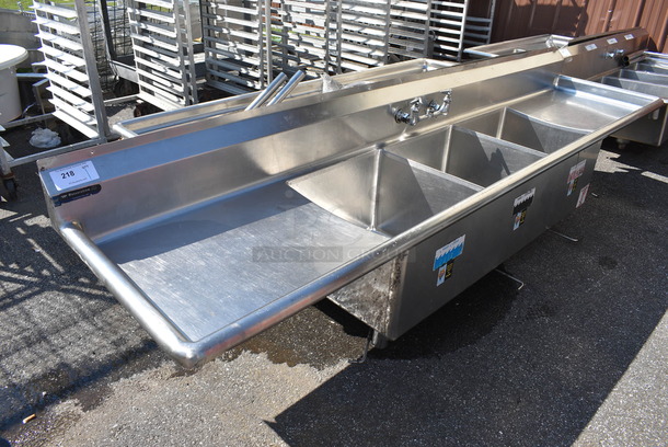 Stainless Steel Commercial 3 Bay Sink w/ Dual Drainboards. 106x25x25. Bays 18x19x12. Drainboards 24x21x1 - Image 1 of 3