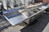 Stainless Steel Commercial 3 Bay Sink w/ Dual Drainboards. 106x25x25. Bays 18x19x12. Drainboards 24x21x1