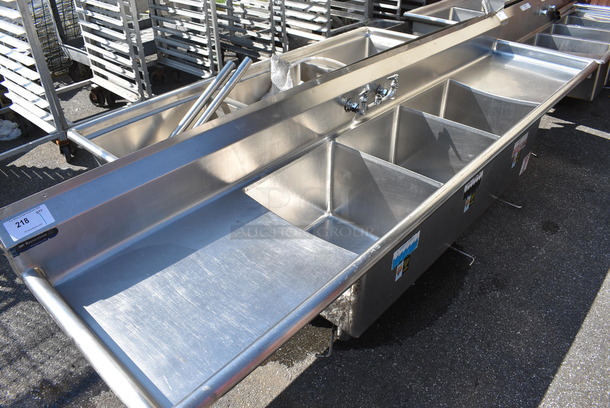 Stainless Steel Commercial 3 Bay Sink w/ Dual Drainboards. 106x25x25. Bays 18x19x12. Drainboards 24x21x1 - Image 2 of 3