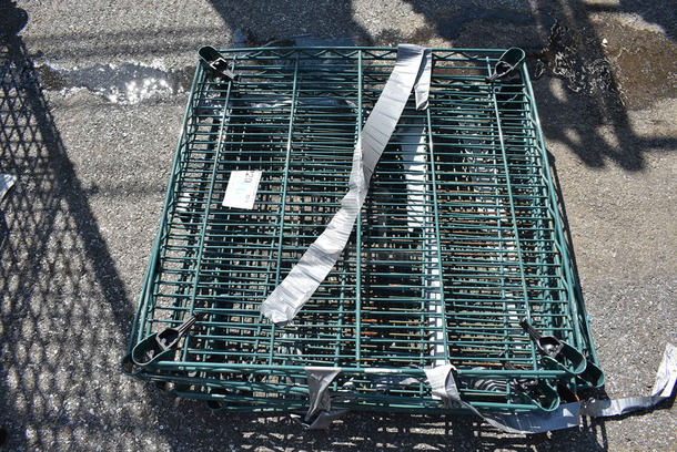 ALL ONE MONEY! Lot of 4 Green Finish Metro Style Shelves w/ 4 Green Finish Poles! 24x24x1.5, 75" - Image 1 of 3