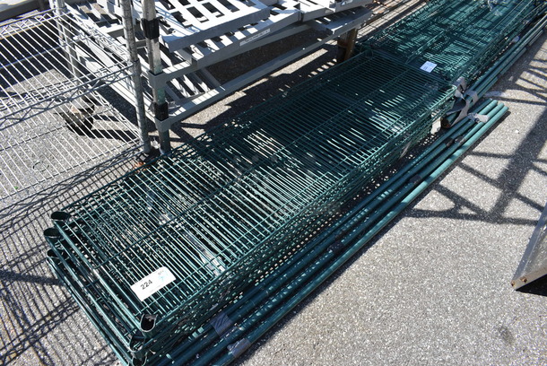 ALL ONE MONEY! Lot of 5 Green Finish Metro Style Shelves w/ 4 Green Finish Poles! 60x18x1.5, 75" - Image 1 of 2