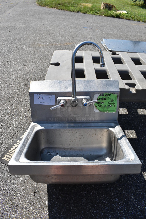 Stainless Steel Commercial Single Bay Wall Mount Sink w/ Faucet and Handles. 17x15x22