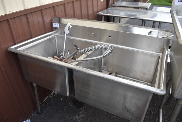 Stainless Steel Commercial 2 Bay Sink w/ Faucet and Spray Nozzle Attachment. 55x30x42. Bays 24x24x13