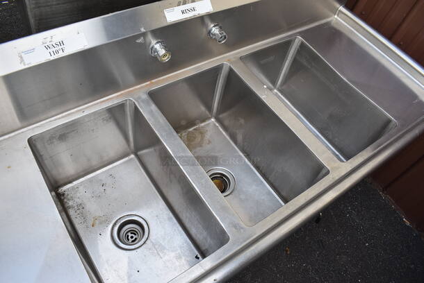 Stainless Steel Commercial 3 Bay Sink w/ Left Side Drainboard. 64x27x43. Bays 12x20x12. Drainboard 10x22x1 - Image 4 of 5