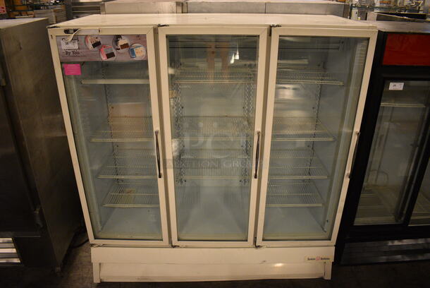 FAB! National Refrigeration Model ULG80BCP-5 Metal Commercial 3 Door Reach In Freezer Merchandiser w/ Poly Racks. 115/208-230 Volts, 1 Phase. 77x34x80