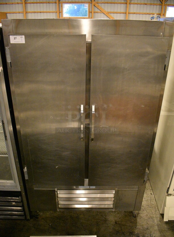 NICE! 2011 Leader Model LR48 SC Stainless Steel Commercial 2 Door Reach In Cooler on Commercial Casters. 115 Volts, 1 Phase. 48x32x79.5. Tested and Powers On But Does Not Get Cold