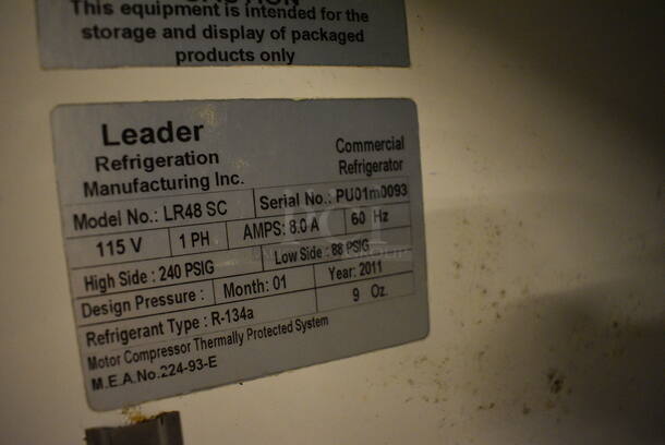 NICE! 2011 Leader Model LR48 SC Stainless Steel Commercial 2 Door Reach In Cooler on Commercial Casters. 115 Volts, 1 Phase. 48x32x79.5. Tested and Powers On But Does Not Get Cold - Image 4 of 6