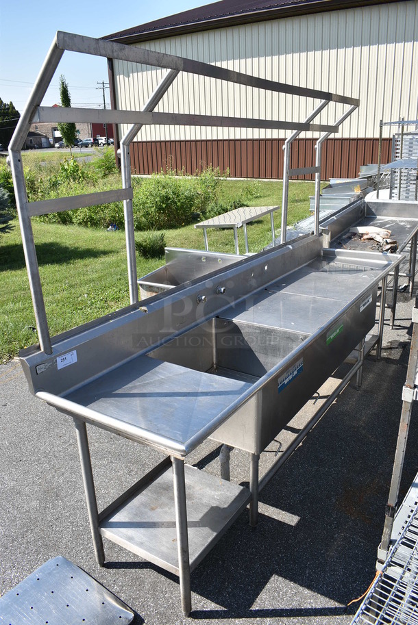 Stainless Steel Commercial 3 Bay Sink w/ Dual Drainboards, 3 Sink Bay Covers and Overhead Pot Rack. 120x30x84. Bays 24x24x13. Drainboards 22x26x1