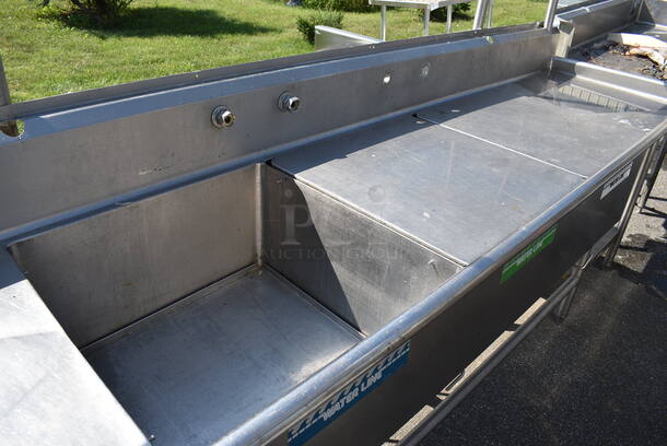 Stainless Steel Commercial 3 Bay Sink w/ Dual Drainboards, 3 Sink Bay Covers and Overhead Pot Rack. 120x30x84. Bays 24x24x13. Drainboards 22x26x1 - Image 4 of 5