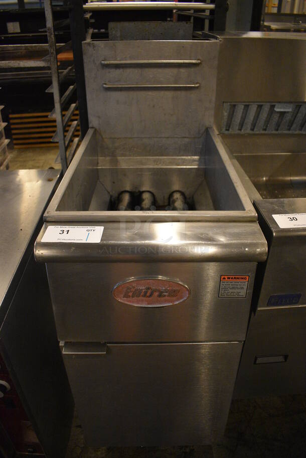NICE! Entree Model F3-P Stainless Steel Commercial Floor Style Propane Gas Powered Deep Fat Fryer. 90,000 BTU. 15.5x30x47