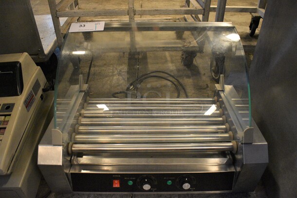 NICE! 2014 Sybo Model ET-R2-7 Stainless Steel Commercial Countertop Hot Dog Roller w/ Sneeze Guard. 110 Volts, 1 Phase. 23x13x16. Tested and Working!
