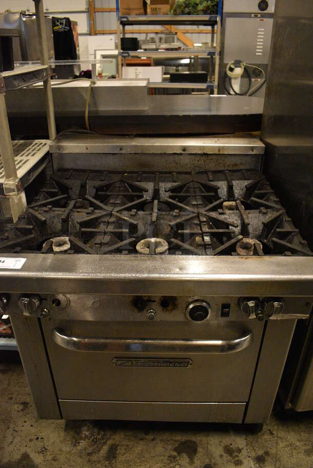 GREAT! Southbend Stainless Steel Commercial Gas Powered 6 Burner Range w/ Lower CONVECTION Oven on Commercial Casters. 36x41x44 - Image 2 of 8