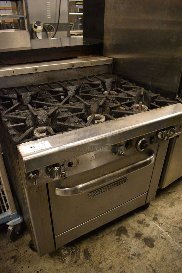 GREAT! Southbend Stainless Steel Commercial Gas Powered 6 Burner Range w/ Lower CONVECTION Oven on Commercial Casters. 36x41x44 - Image 4 of 8