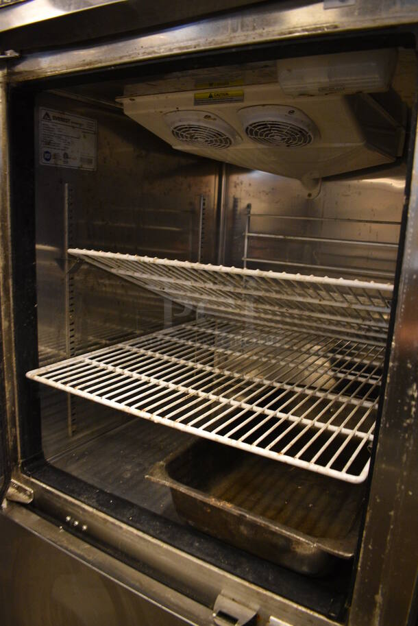 NICE! Everest Model ESRFH2 Stainless Steel Commercial 2 Half Size Door Reach In Cooler on Commercial Casters. 115 Volts, 1 Phase. 29x32x79. Tested and Powers On But Does Not Get Cold - Image 4 of 7