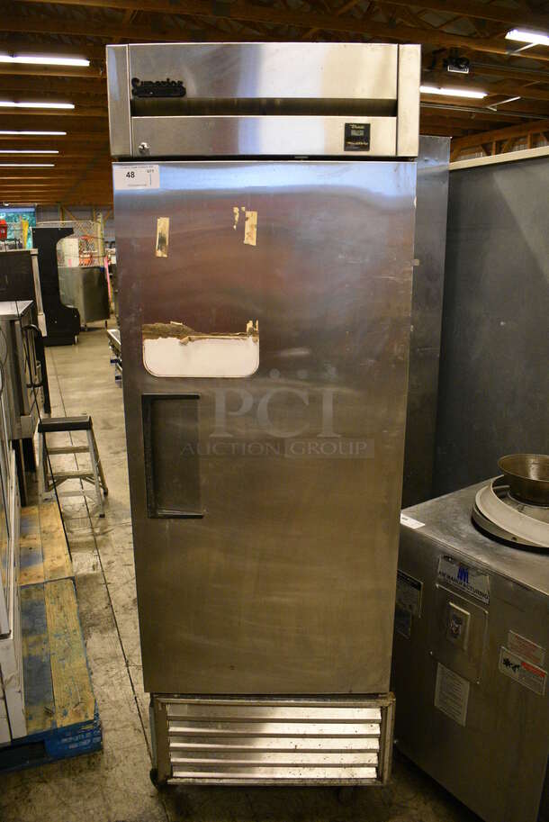 NICE! 2006 True Model TS-23F Stainless Steel Commercial 2 Half Size Door Reach In Freezer w/ Poly Coated Racks on Commercial Casters. 115 Volts, 1 Phase. 27x30x83. Tested and Powers On But Does Not Get Cold
