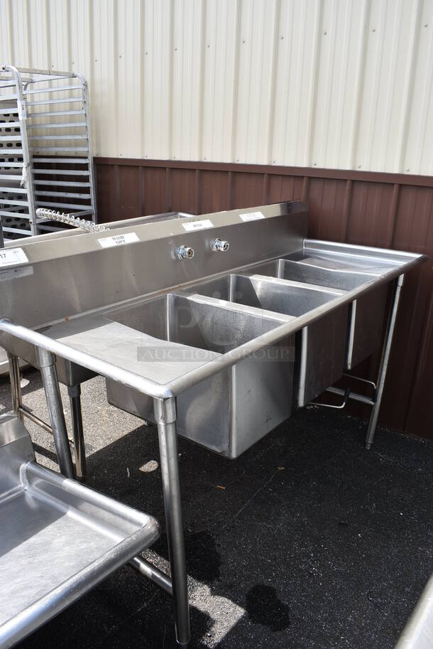 Stainless Steel Commercial 3 Bay Sink w/ Left Side Drainboard. 64x27x43. Bays 12x20x12. Drainboard 10x22x1