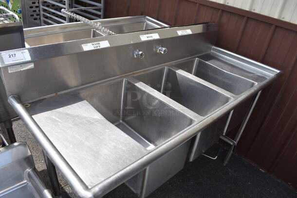 Stainless Steel Commercial 3 Bay Sink w/ Left Side Drainboard. 64x27x43. Bays 12x20x12. Drainboard 10x22x1 - Image 2 of 5